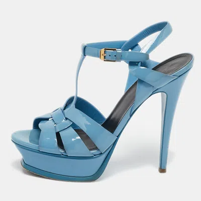 Pre-owned Saint Laurent Blue Patent Leather Tribute Platform Ankle Strap Sandals Size 38