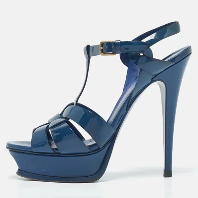 Pre-owned Saint Laurent Blue Patent Leather Tribute Platform Sandals Size 39