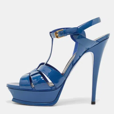 Pre-owned Saint Laurent Blue Patent Leather Tribute Platform Sandals Size 39