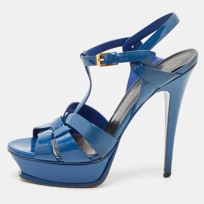Pre-owned Saint Laurent Blue Patent Leather Tribute Platform Sandals Size 40 In Navy Blue