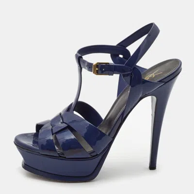 Pre-owned Saint Laurent Blue Patent Leather Tribute Sandals Size 37