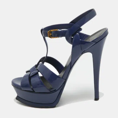 Pre-owned Saint Laurent Blue Patent Tribute Ankle Strap Sandals Size 36