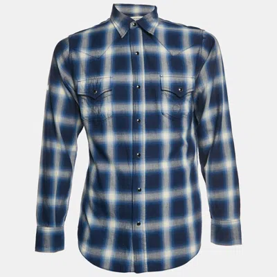 Pre-owned Saint Laurent Blue Plaid Flannel Long Sleeve Shirt M
