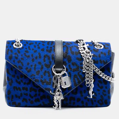 Pre-owned Saint Laurent Blue Pony Hair Leopard Print College Bag