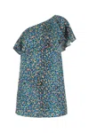 Saint Laurent One-shoulder Animal Print Silk Dress In Blue