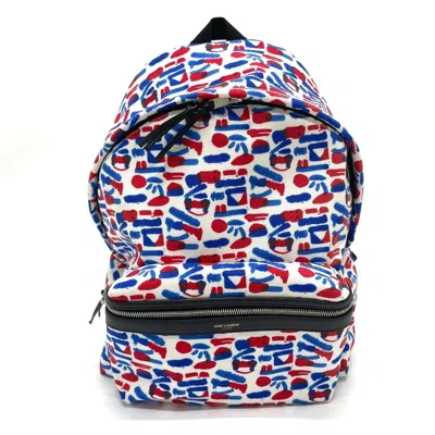 Pre-owned Saint Laurent Blue Red Color White Leather Canvas Backpack () In Blue, Red Color, White