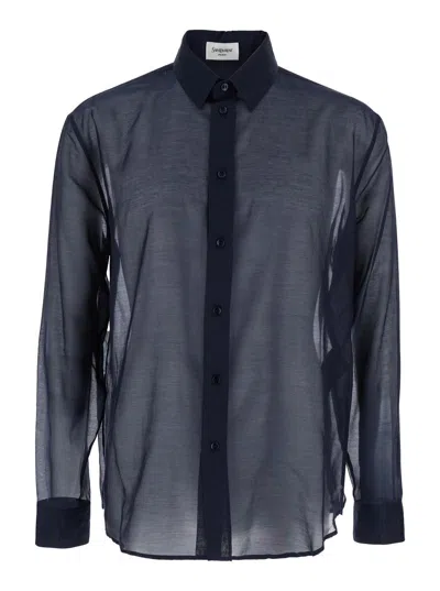 Saint Laurent Blue Shirt With Classic Collar And Contrasting Details In Cotton And Silk Man