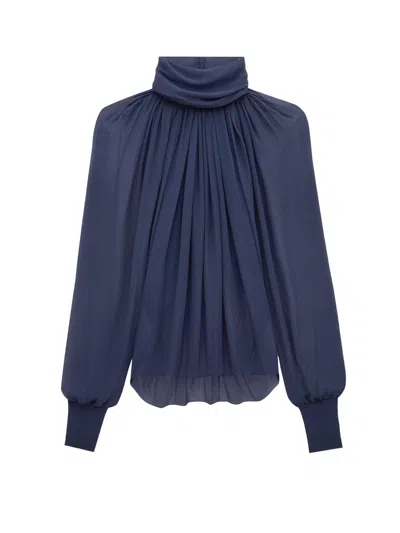 Saint Laurent Sheer Ruched Hig-neck Blouse In Midnight Blue
