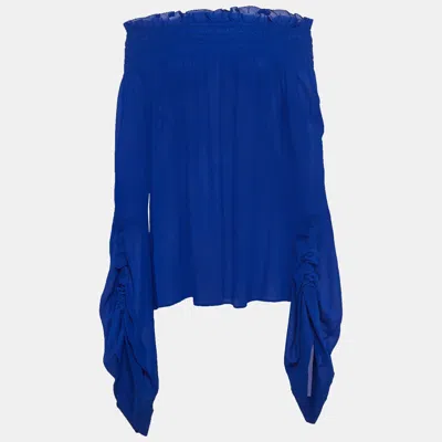 Pre-owned Saint Laurent Blue Smocked Silk Off-shoulder Flared Sleeve Blouse M