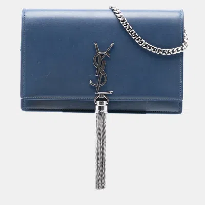 Pre-owned Saint Laurent Blue Smooth Calfskin Monogram Kate Tassel Wallet On Chain