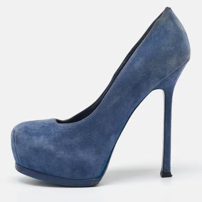 Pre-owned Saint Laurent Blue Suede Tribtoo Platform Pumps Size 36.5