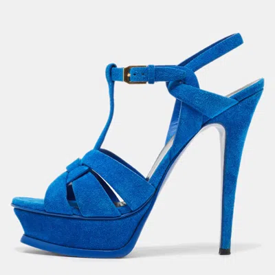 Pre-owned Saint Laurent Blue Suede Tribute Sandals Size 38