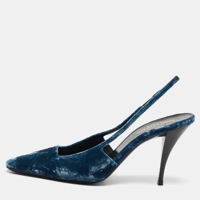 Pre-owned Saint Laurent Blue Velvet Blade Slingback Pumps Size 38.5