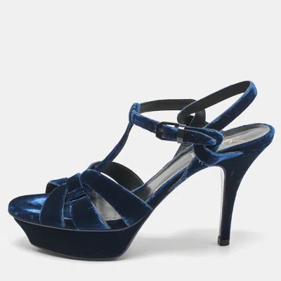 Pre-owned Saint Laurent Blue Velvet Tribute Ankle Strap Sandals Size 38.5