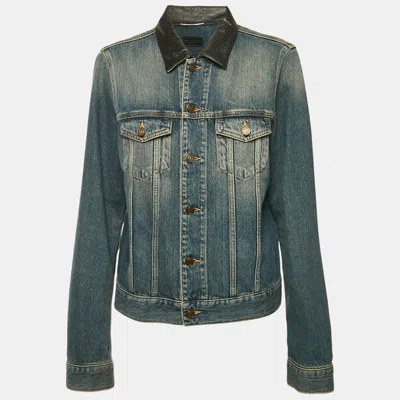 Pre-owned Saint Laurent Blue Washed Denim Collar Leather Trimmed Jacket L