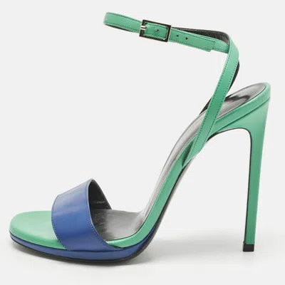 Pre-owned Saint Laurent Blue/green Leather Jane Ankle Strap Sandals Size 37.5