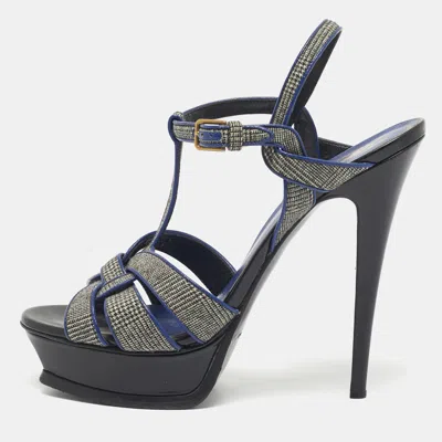 Pre-owned Saint Laurent Blue/grey Leather And Canvas Tribute Sandals Size 40