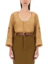 Saint Laurent Regular Fit Henley Blouse In Beige