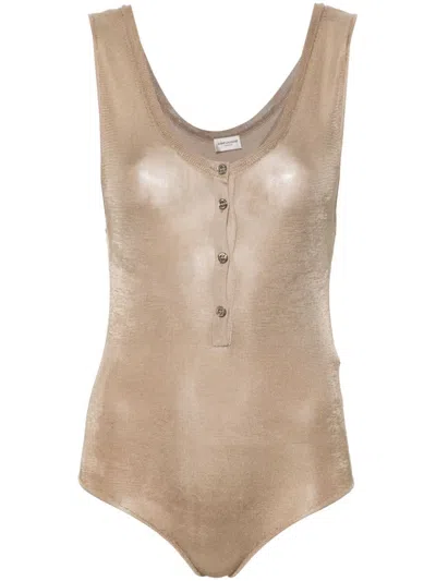 Saint Laurent Scoop-neck Silk Bodysuit In Beige