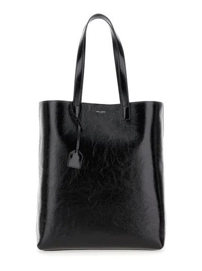 Saint Laurent 'bold' Black Tote Bag With Embossed Logo In Coated Crinkled Leather Man