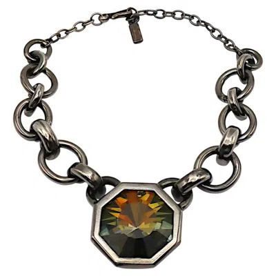 Pre-owned Saint Laurent Bold Gun-patina Chain Necklace With A Massive Crystal Centrepiece In Multi