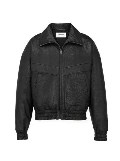 Saint Laurent Lambskin Jacket Textured Stand Collar In Gray
