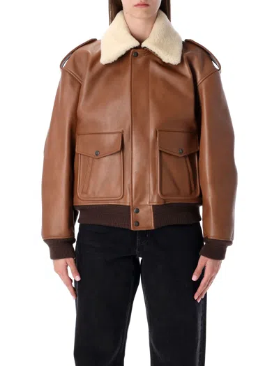 Saint Laurent Bomber Jacket In Grained Leather And Shearling In Brown