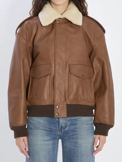 Saint Laurent Bomber Jacket In Hammered Leather And Shearling In Brown