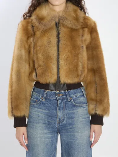 Saint Laurent Bomber Jacket In Shearling In Brown
