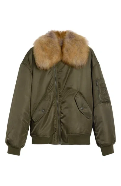 Saint Laurent Bomber Jacket With Genuine Shearling Collar In Green
