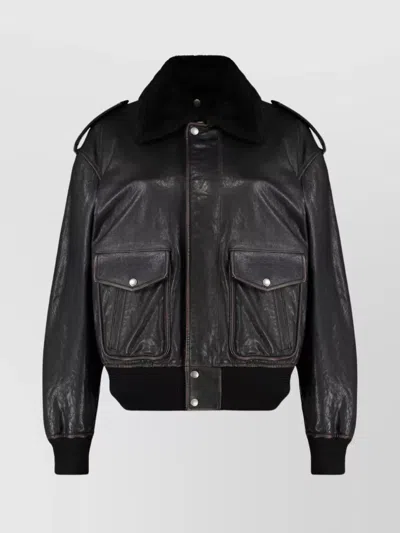 SAINT LAURENT BOMBER JACKET WITH RIBBED EDGES AND SHEARLING COLLAR