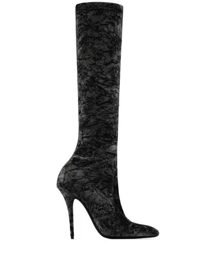 Saint Laurent Ella Velvet 110mm Thigh-high Boots In Nero