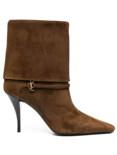 Saint Laurent Niki Suede Ysl Stiletto Ankle Booties In Brown