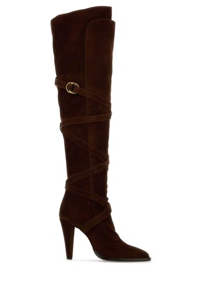Saint Laurent Janis Embellished Over-the-knee Suede Boots In Brown