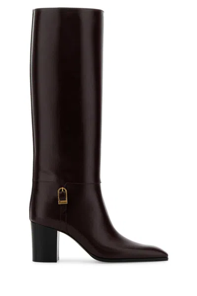 Saint Laurent Julia Knee-high Boots Block Heel In Brown