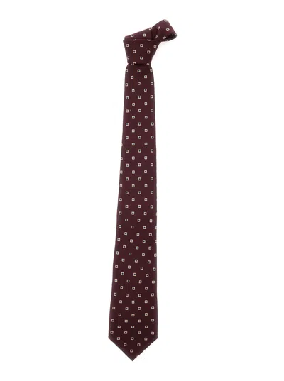 Saint Laurent Bordeaux Wide Tie With All-over Square Motif In Silk Woman