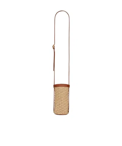 Saint Laurent Bottle Holder In Raffia Crochet And Smooth Leather In Nude