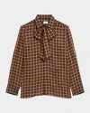 Saint Laurent Wool Shirt Jacket Bow Detail Checks In Brown