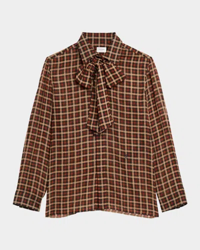 SAINT LAURENT BOW-NECK CHECK VICHY SILK SHIRT