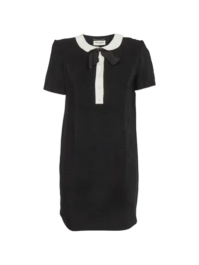 Pre-owned Saint Laurent Bow-detail Peter Pan Collar Mini Dress In Black