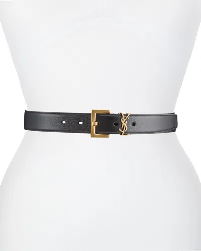 Saint Laurent Box Laque Ysl Leather Belt In Black / Bronze