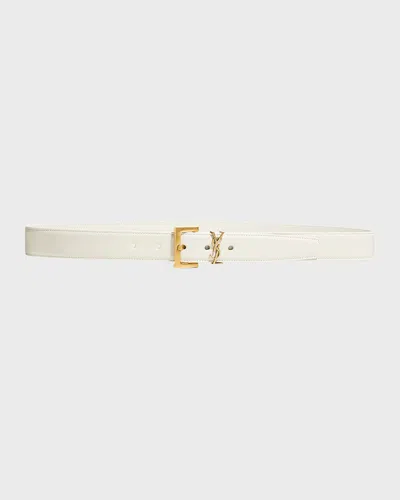 Saint Laurent Box Laque Ysl Leather Belt In Cream / Bronze