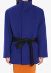 Saint Laurent Boxy Wool Coat Removable Silk Belt In Blue