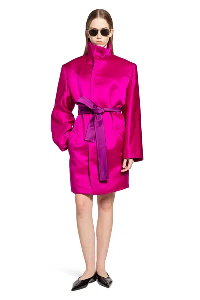 Saint Laurent Boxy Belted Coat In Silk Satin In Pink