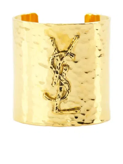 Saint Laurent Cassandre Cuff In Hammered Metal In Silver