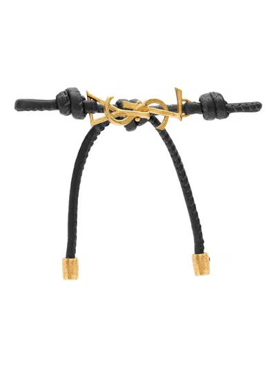 Saint Laurent Cassandre Leather Cord Bracelet In Black