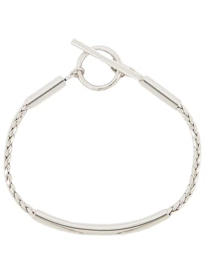 Saint Laurent Bracciale With Braided Chain And Tube Detail In Brass In Silver