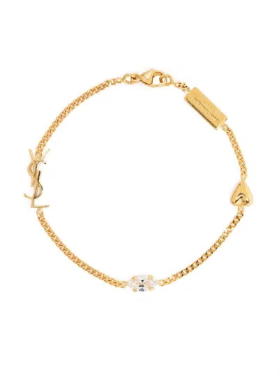 Saint Laurent Bracelet Monogramme Strass Et In Or Laiton Vieilli/cr