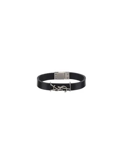 Saint Laurent Logo Leather Bracelet In Black