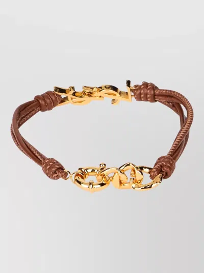 Saint Laurent Braided Leather Bracelet Logo And Metal In Brown